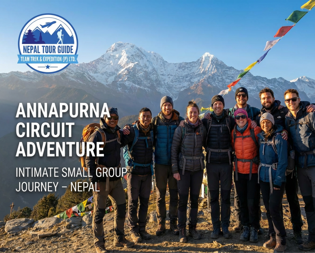 "Intimate group of 10 travellers at Annapurna Circuit viewpoint Nepal on small group adventure tour"