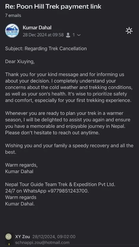 An email screenshot between a trekking agency and a client discussing the cancellation of a family trek due to freezing winter weather conditions and a child's health concerns.